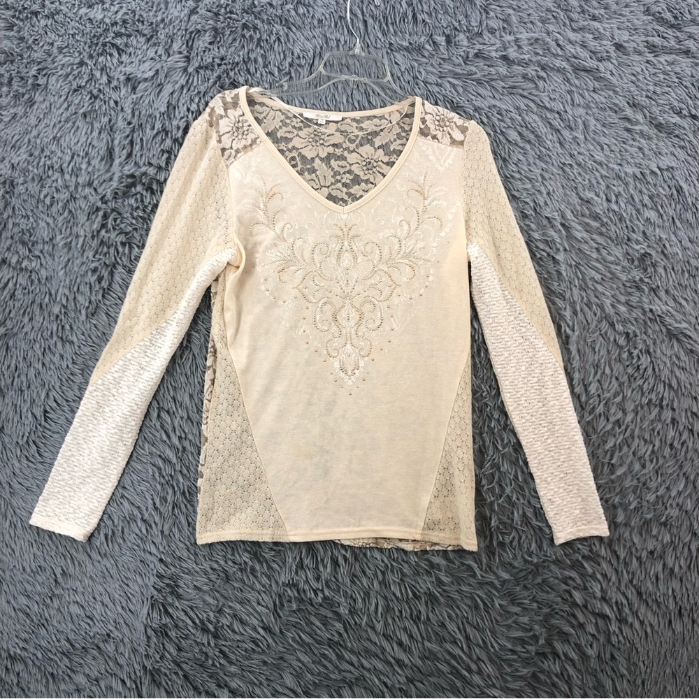 Miss Me Shirt Womens Medium Lace Back Embellished Vneck Knot Long Sleeve